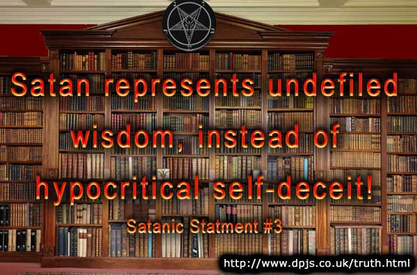 A Satanic library full of books, with a large baphomet decoration and a quotation from this page.